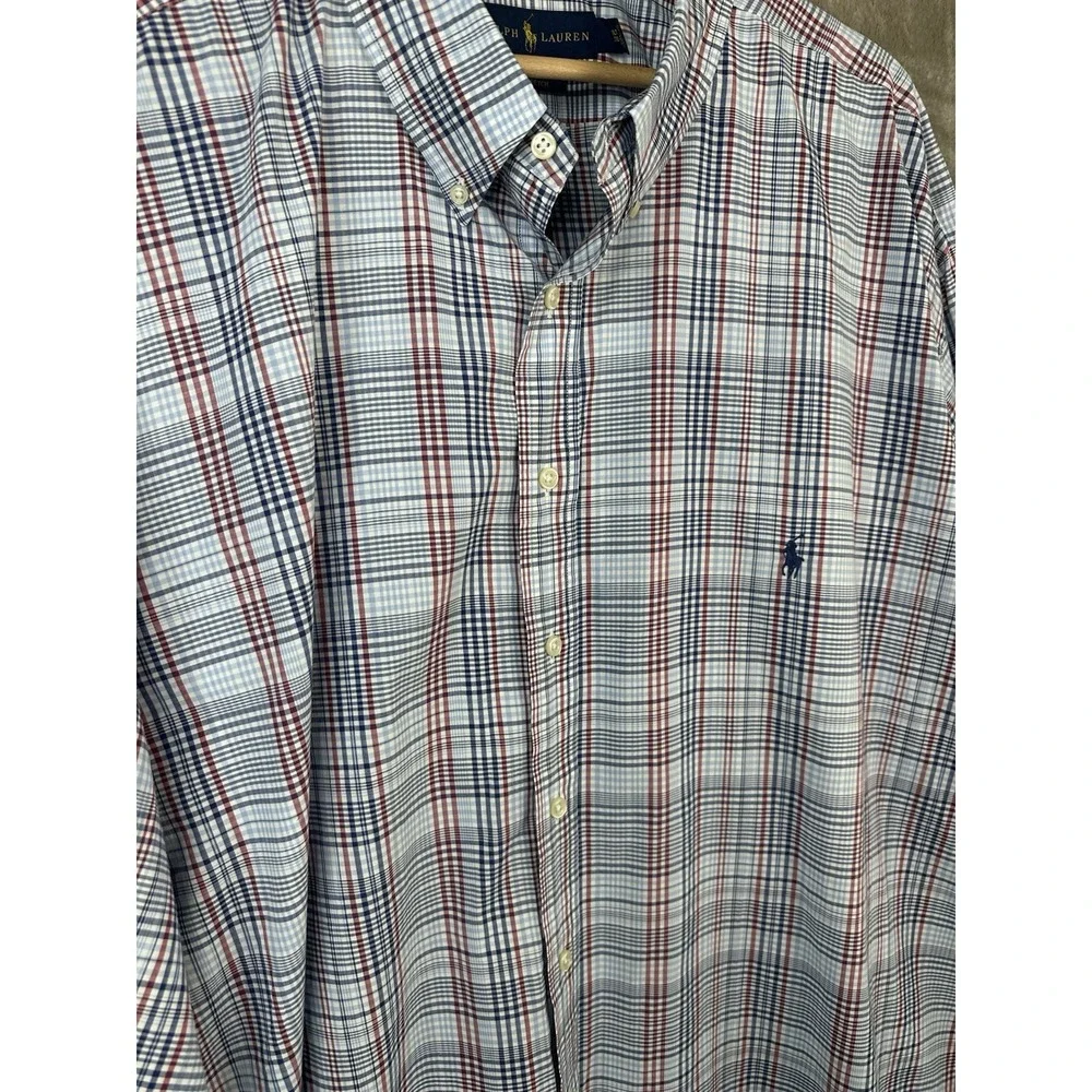 Ralph Lauren Men's 3XLT Blue Red White Plaid Polo Pony Button-Up Stretch Shirt